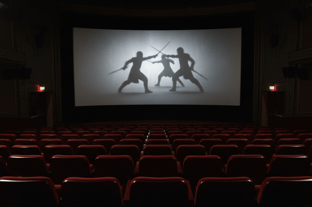 Dimly lit theater with red seats and a suspenseful blurry sword fight projected on the screen, creating an engaging cinematic vibe