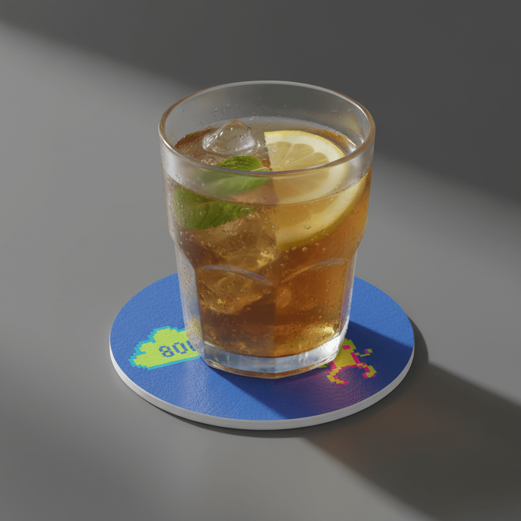 Retro pixel lenticular coaster with iced tea Close-up of a lenticular coaster with shifting retro pixel graphics and an iced tea glass.