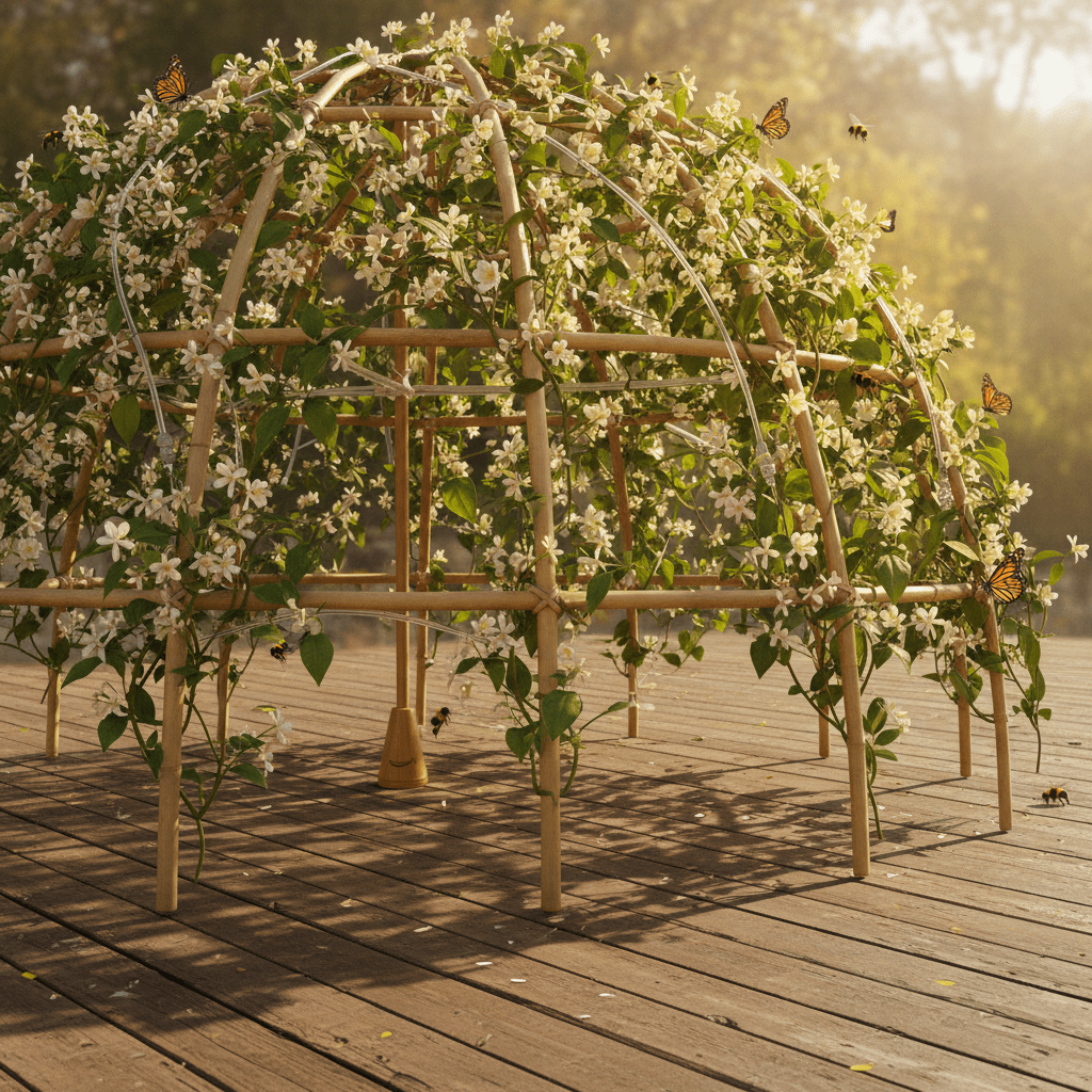 Living canopy umbrella with bamboo lattice, jasmine, and drip irrigation casting dappled shade.