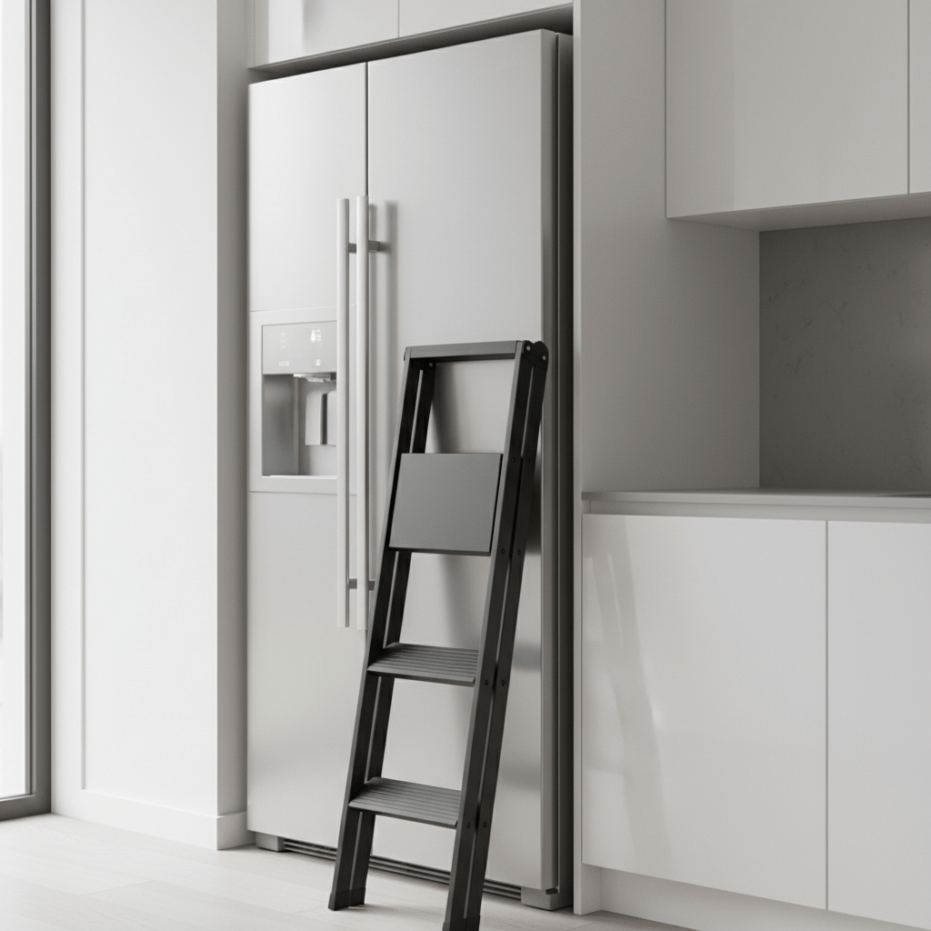 Ultra-thin folding ladder in matte black, deployed in a modern apartment kitchen.