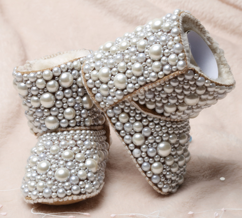 Красивые белые дизайнерские детские ботинки с жемчугом зимние теплые блестящие Новорожденные принцессы подарок снежные ботинки для крещения Keepsake