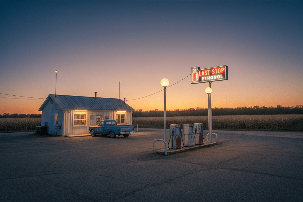 Small rural gas station with empty pumps and distant farmland under warm evening lights, symbolizing economic strain