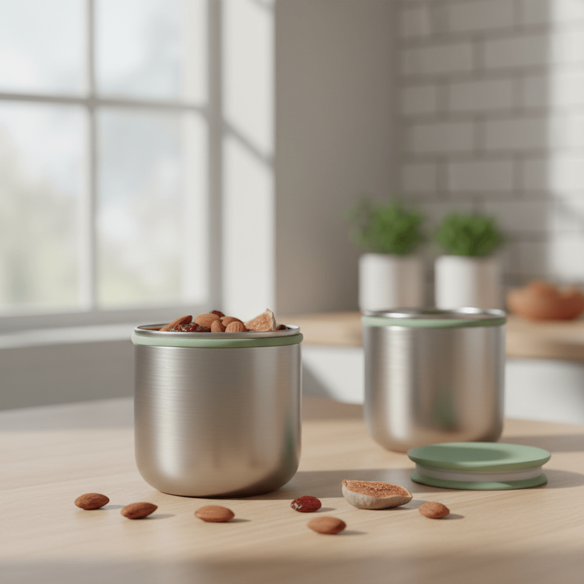 Minimalist brushed steel snack cups with sage green rims on an oak counter.