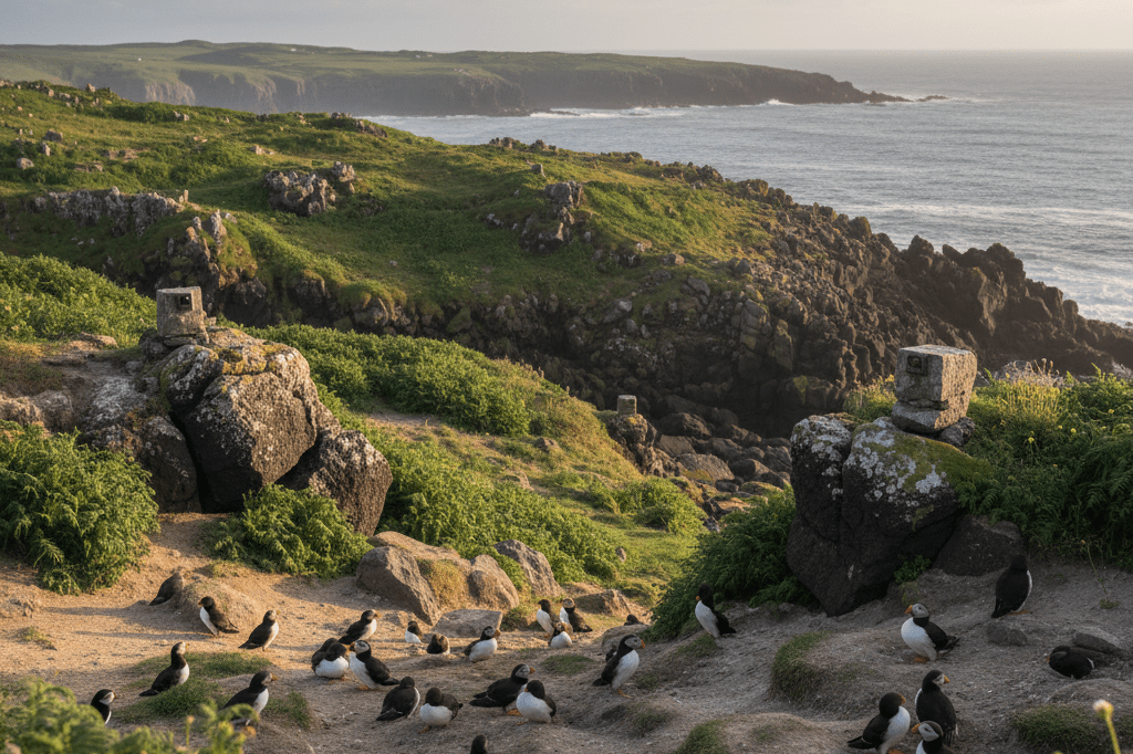Ground-nesting birds and monitoring equipment amidst restored coastal terrain bathed in warm natural light