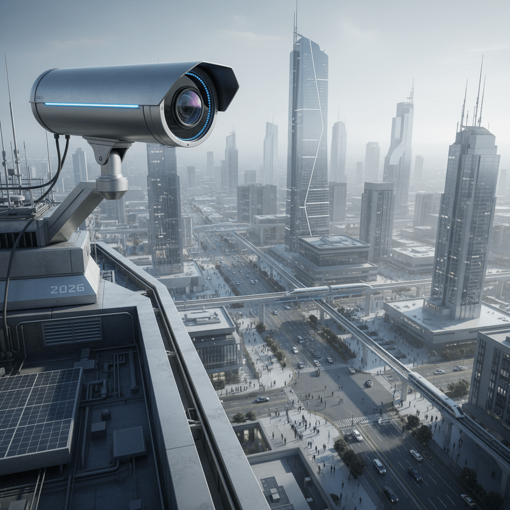Sleek 8K surveillance camera on a skyscraper overlooks a futuristic city plaza.