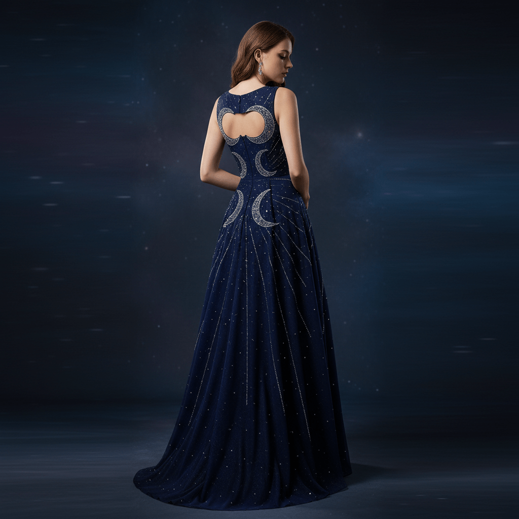 Elegant midnight navy prom dress with celestial cut-outs and starburst patterns.