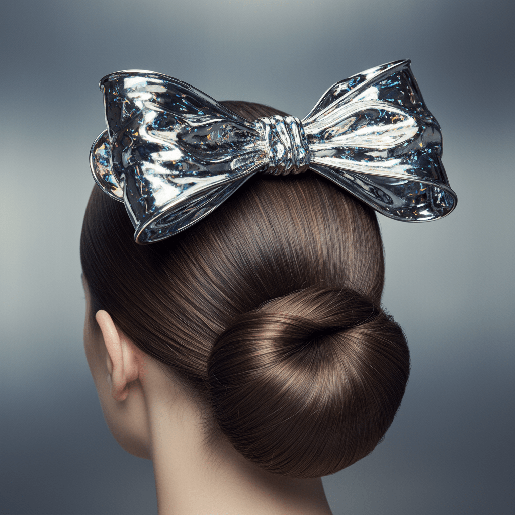 Sleek updo with a high-sheen liquid metal bow reflecting light patterns.