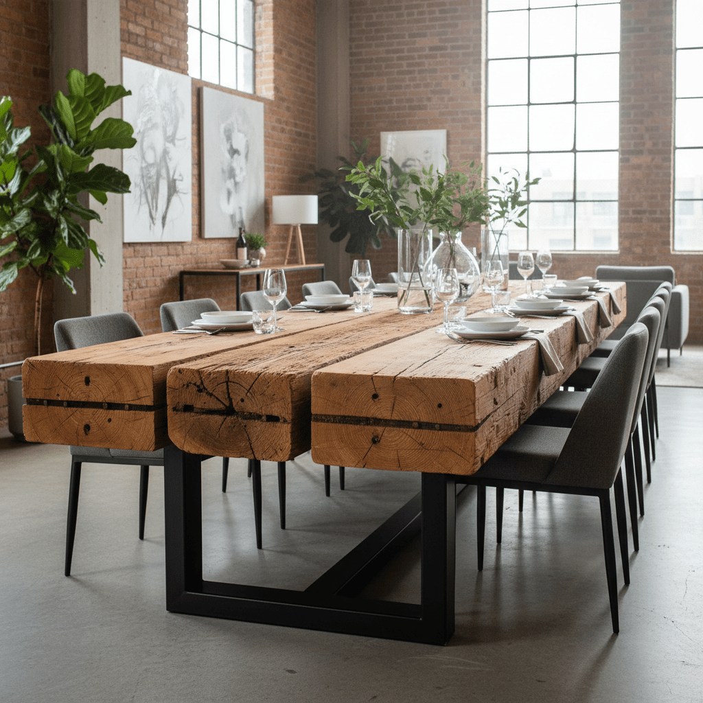 Reclaimed industrial wood dining table in a modern loft Massive reclaimed industrial wood dining table with weathered surfaces in a modern loft.