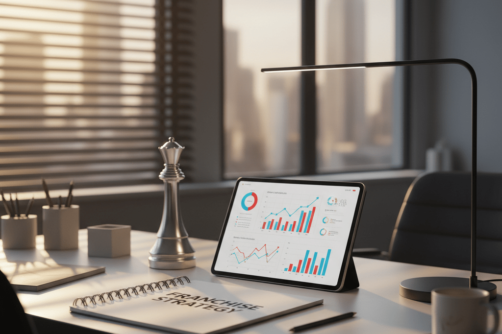 Desk with tablet showing data charts and script under natural light symbolizing entertainment business strategy