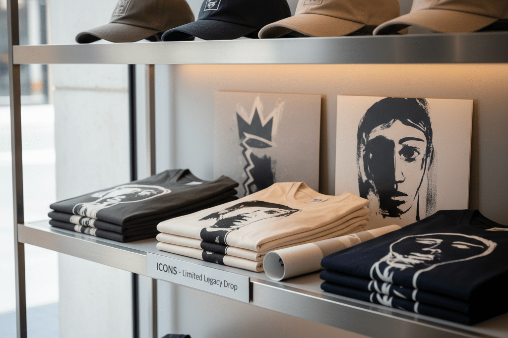 Abstract-designed caps, shirts, and posters on a retail shelf lit by natural window light, symbolizing viral demand surges in entertainment memorabilia.