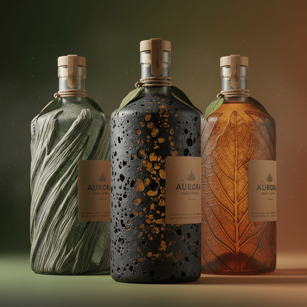 Innovative vodka bottles with textured glass mimicking organic patterns and earthy colors.
