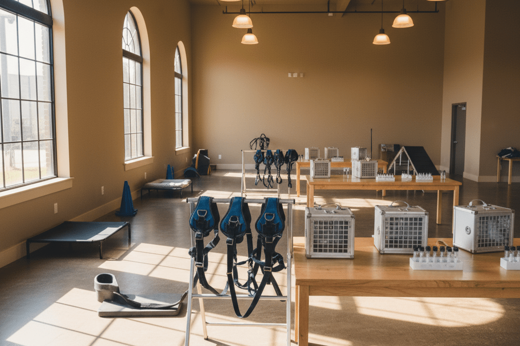 Wide-angle view of mobility harnesses and scent detection tools arranged neatly under warm natural light in a service dog training center