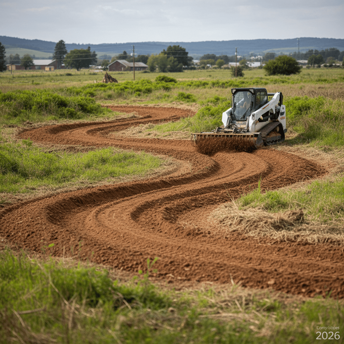 Skid steer power rake creating drainage swales and berms on uneven terrain.