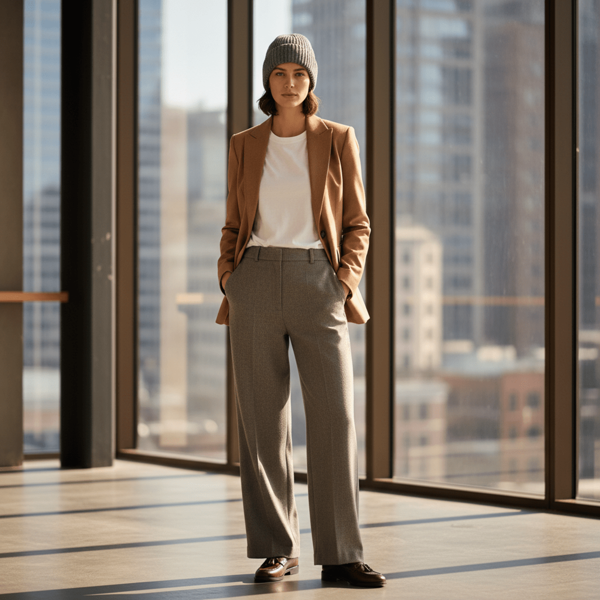 Modern professional in heather gray beanie, blazer, and wool trousers in an office.