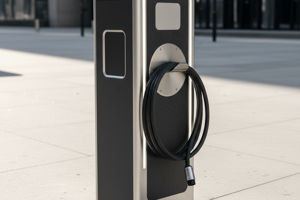 Close-up of a sleek electric vehicle charging station under natural and ambient light, symbolizing green transport advancements