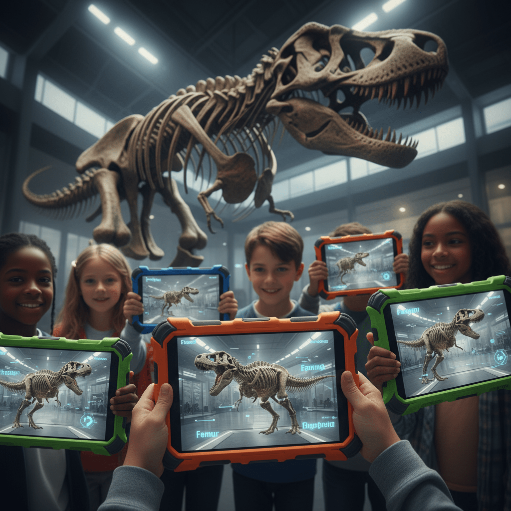 Students use AR tablets to view a roaring dinosaur skeleton in a futuristic museum.
