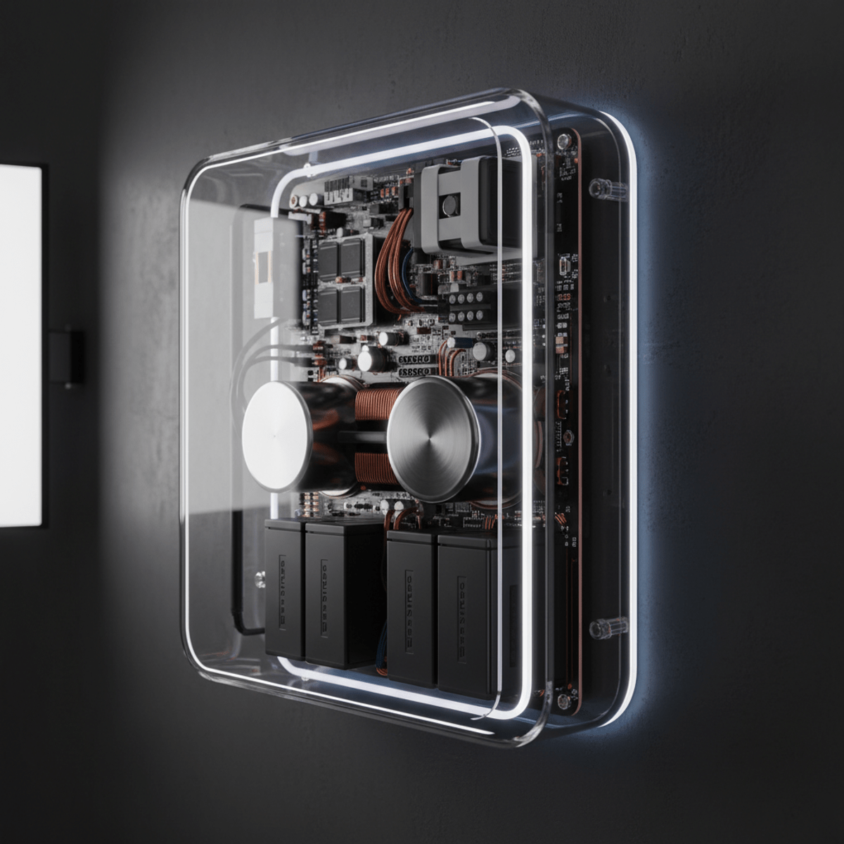 Transparent UPS reveals intricate circuit boards, metallic capacitors, and symmetrical batteries.