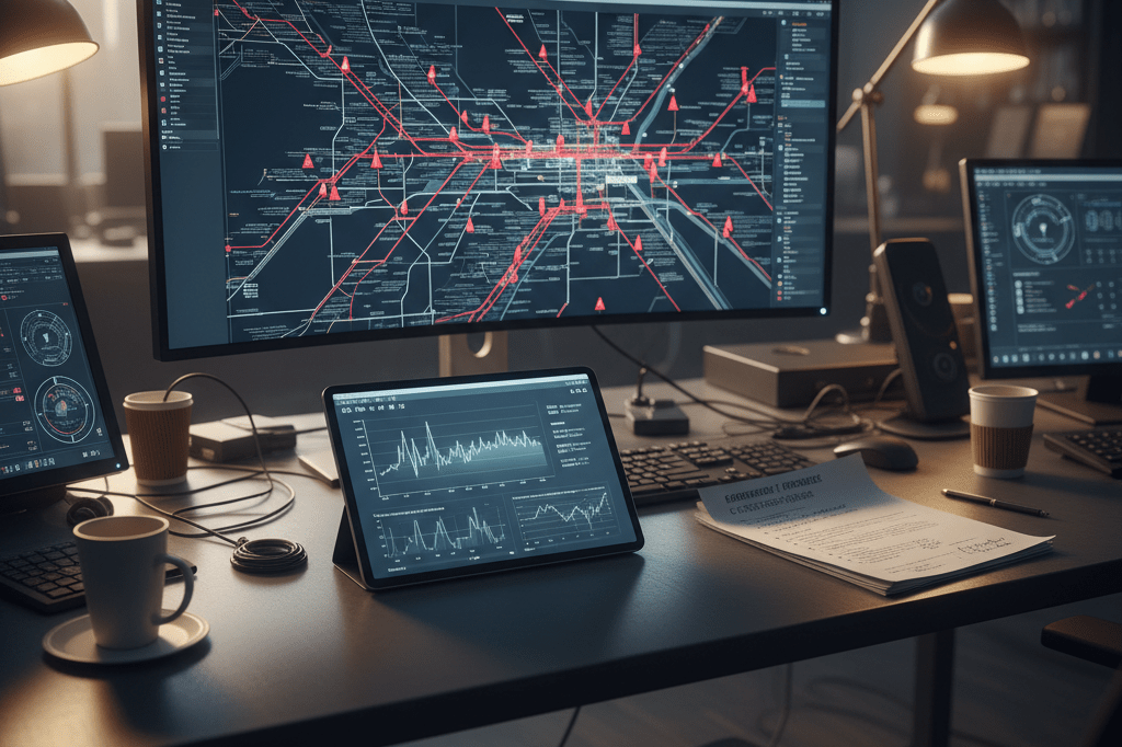 Logistics control room monitoring rail network disruption alerts Control room desk with digital maps showing rail blockages and emergency plans under monitor light