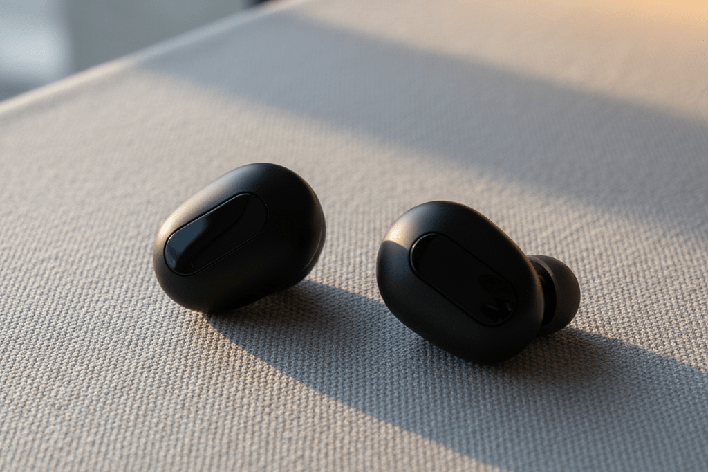 Photorealistic medium shot of unbranded black noise-canceling earbuds on textured gray fabric under natural and soft artificial light
