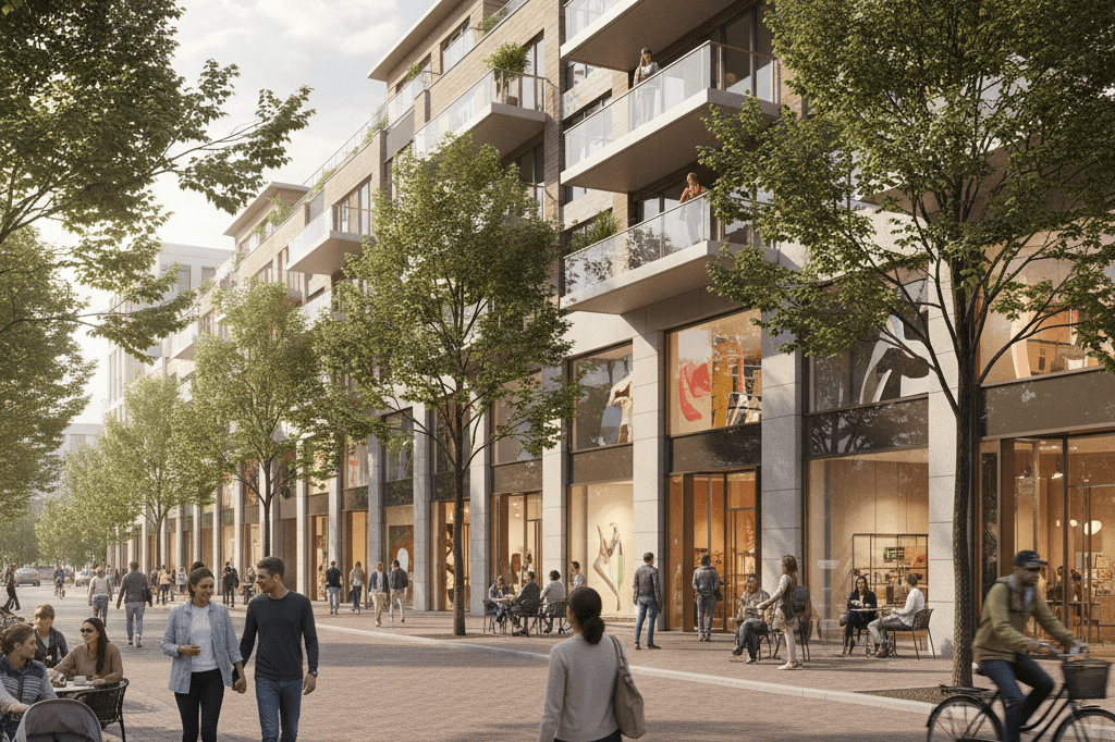 Wide shot of a thriving city district featuring integrated retail shops and housing under natural lighting