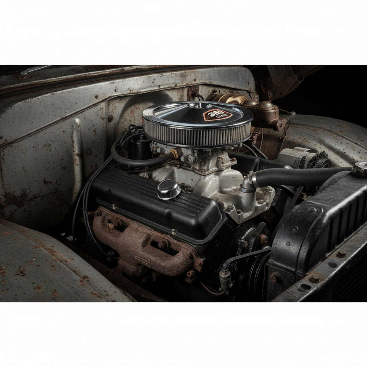 Close-up of a vintage crate engine in an aged pickup truck's engine bay.
