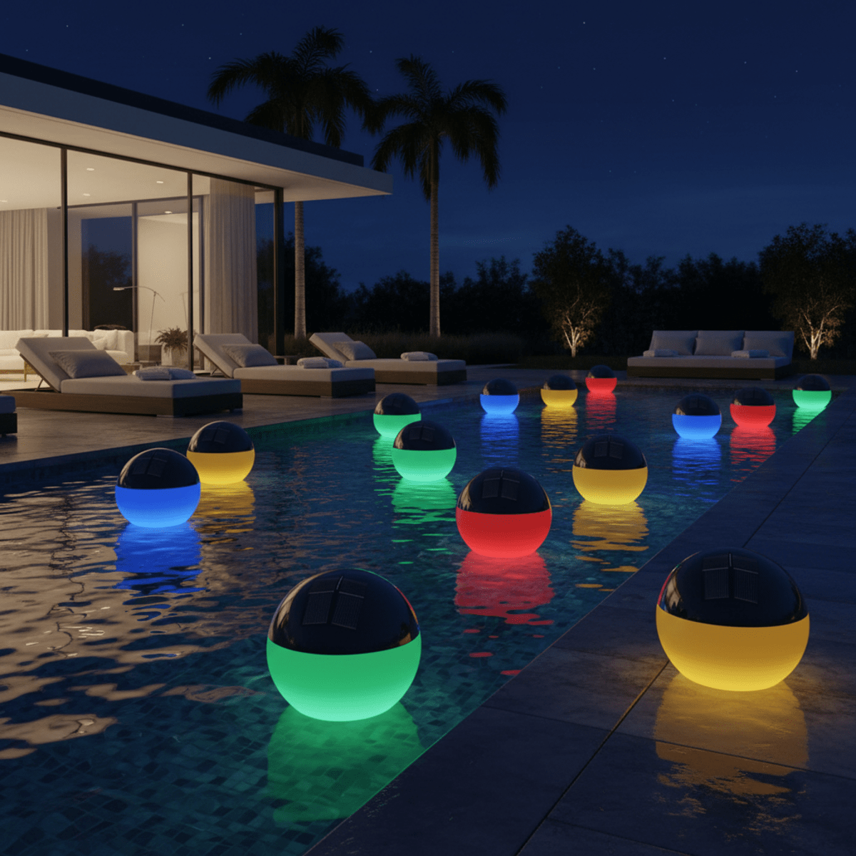 Floating RGB solar orbs illuminate a luxurious night pool with mesmerizing reflections.