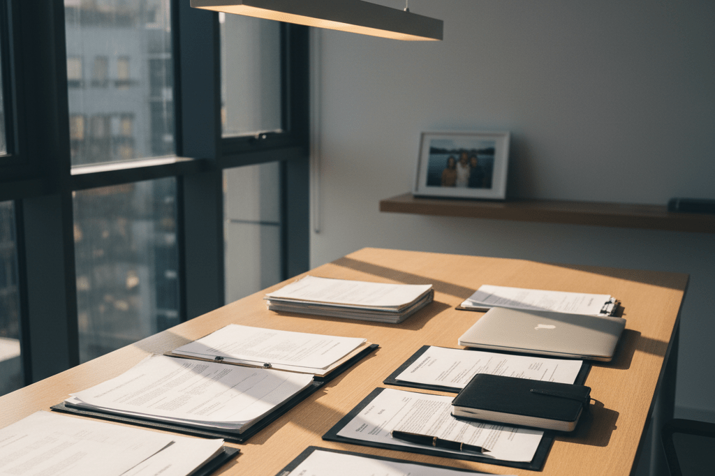 Office desk reflecting principles over convenience in business decisions Wide shot of an organized office desk with legal papers, a laptop, and a family photo under natural light, symbolizing steadfastness in crisis management