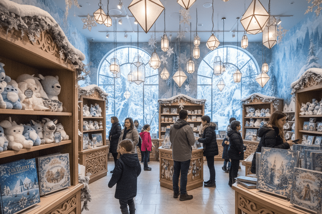 Wide shot of a magical winter-themed retail area with glowing lights and plush toys under natural and ambient lighting