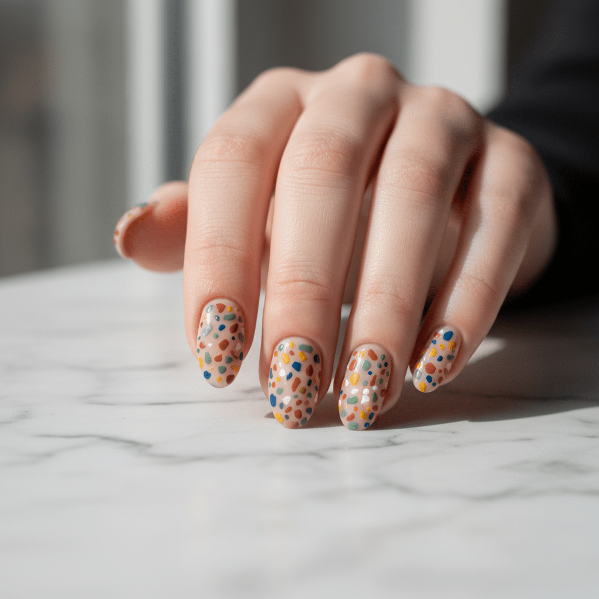 Fashionable terrazzo-inspired nail art with multi-colored specks on a neutral base.