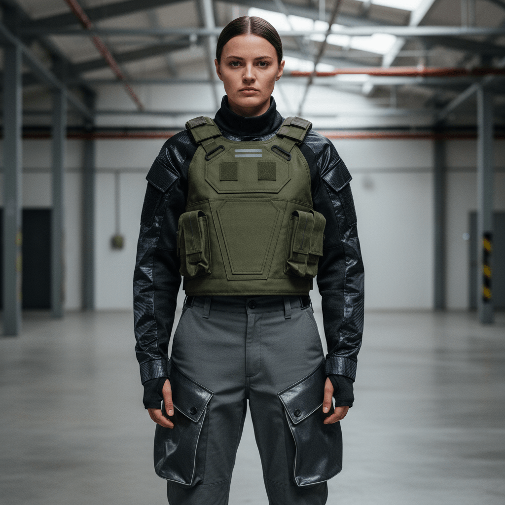 Futuristic combat uniform showcasing matte cotton and glossy ripstop nylon textures.