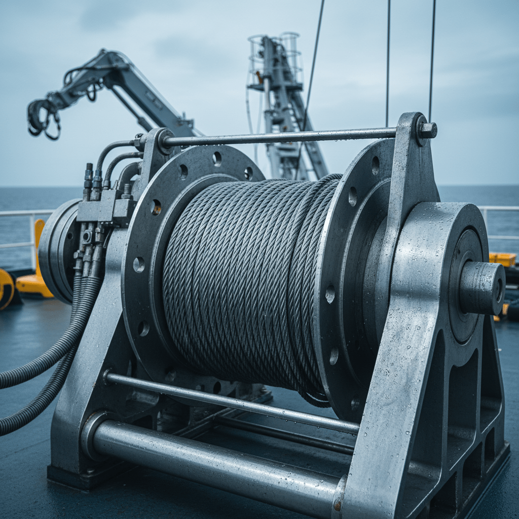 Massive hydraulic winch with polished steel, tightly wound cable, for offshore salvage.