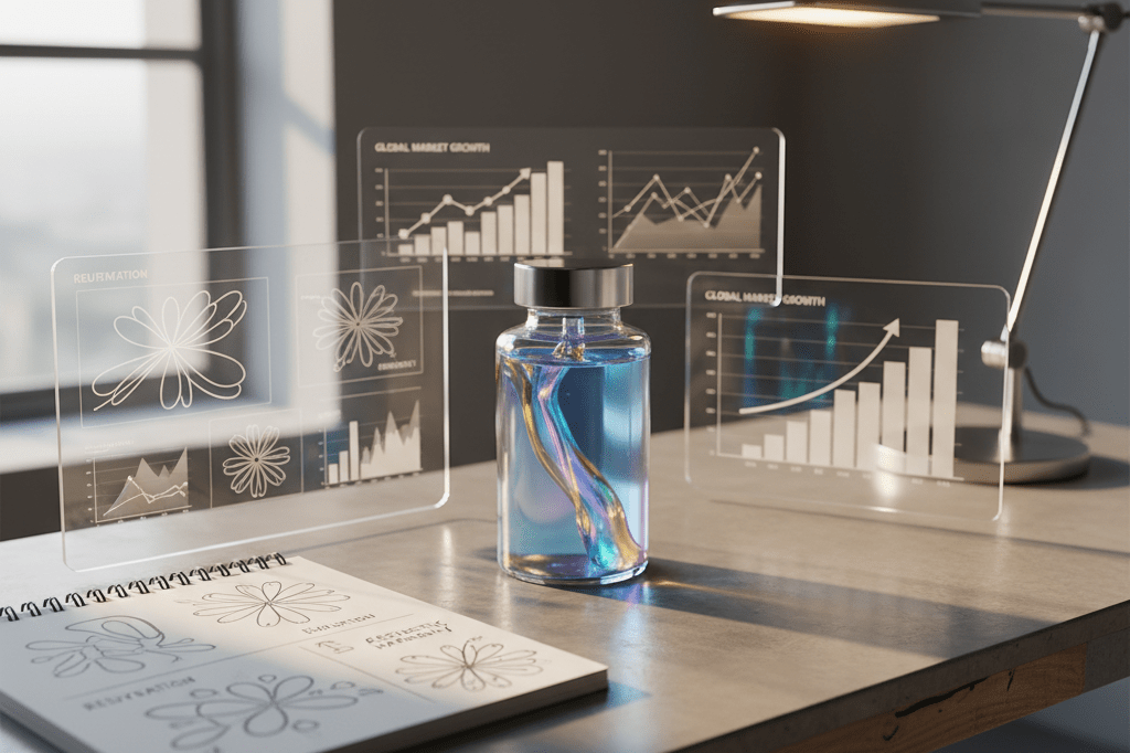 Glossy vial of shimmering liquid on a desk with charts, symbolizing beauty industry transformation