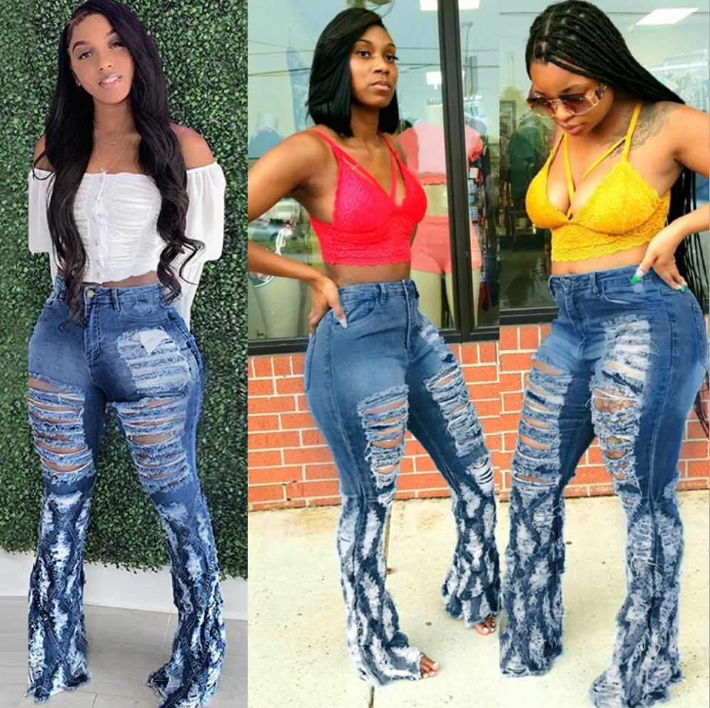 Оптовая продажа, Широкие рваные джинсы с роговыми колокольчиками, женские джинсы