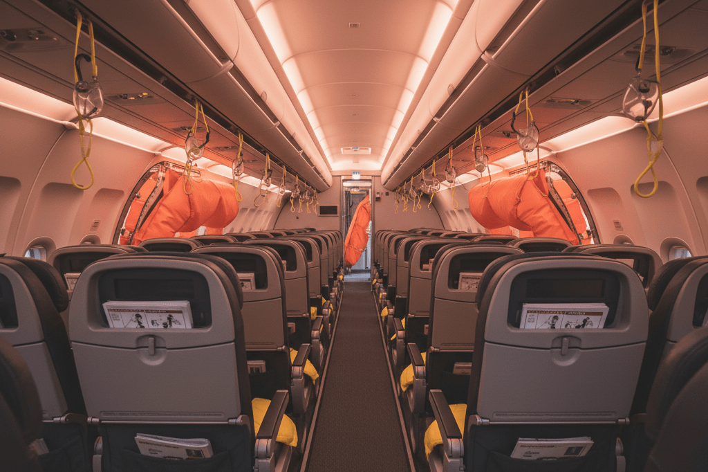 Wide shot of an aircraft cabin with deployed safety equipment under ambient light, highlighting emergency preparedness