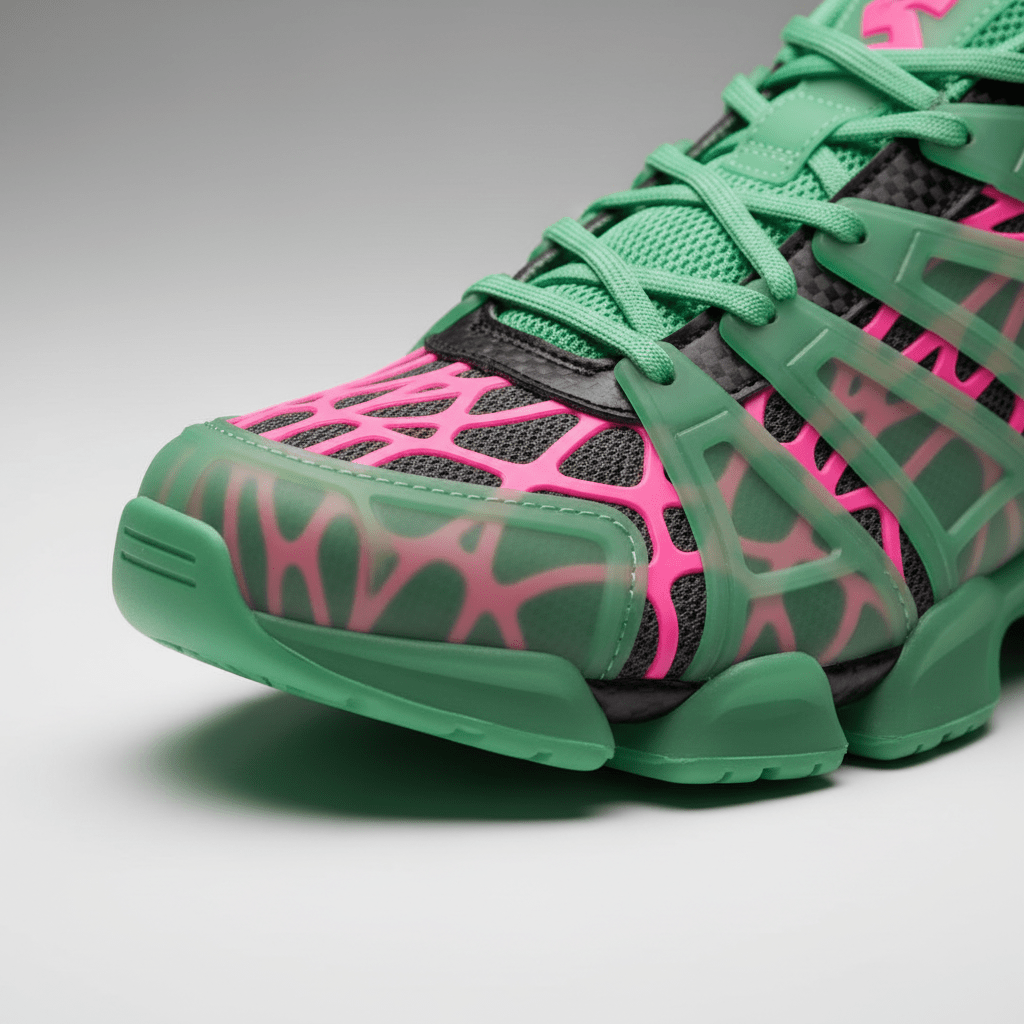 Close-up of high-tech sneakers with frosted translucent green panels and pink patterns.