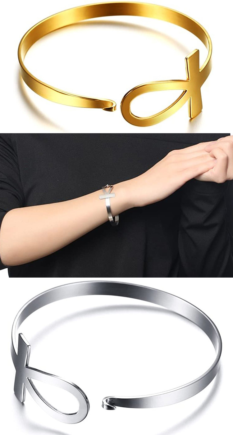 aberta aço inoxidável Ankh Braceletes de pulseira egípcia egípcia Praateado 