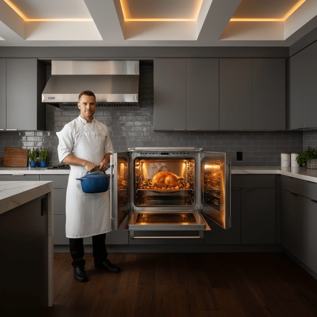 Contemporary kitchen with open electric convection oven, revealing golden roast and stainless steel.