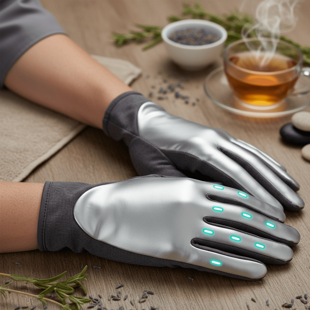 Sleek futuristic microcurrent hand gloves with glowing lights on a wooden wellness table.