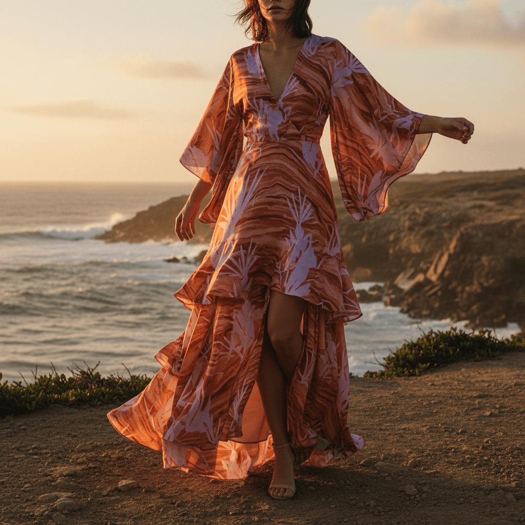 Elegant maxi dress with abstract botanical prints on a coastal cliff at golden hour.