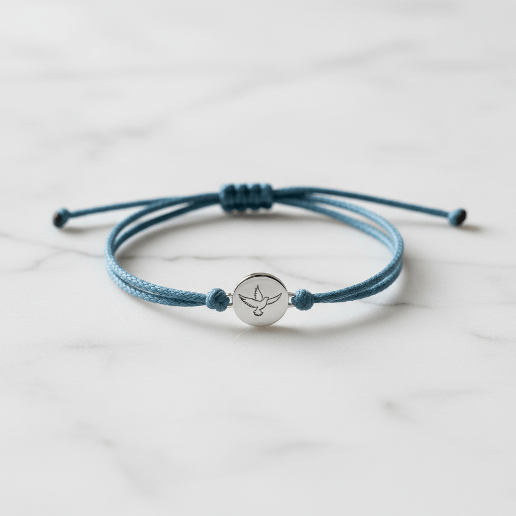 Minimalist blue friendship bracelet with dove charm on white marble.