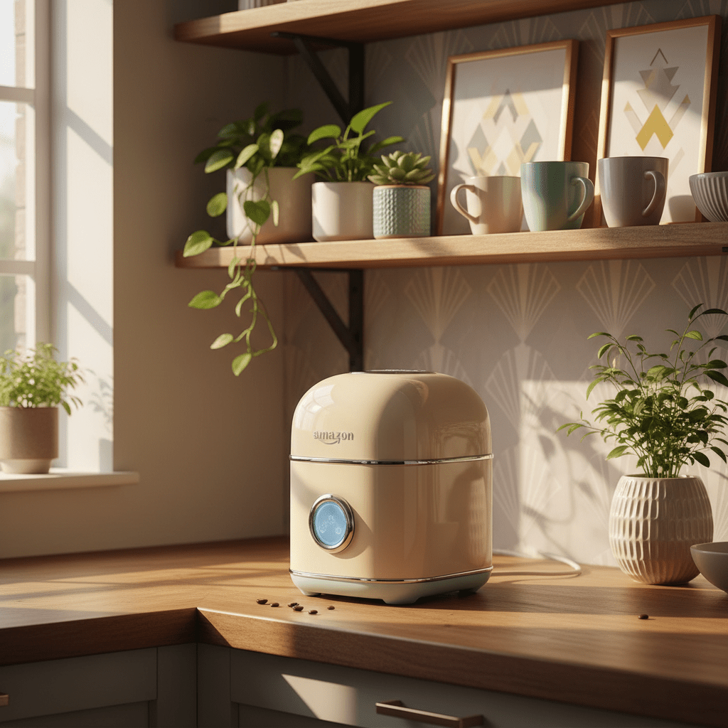 Vintage-inspired pastel coffee grinder with chrome trim on a kitchen counter.