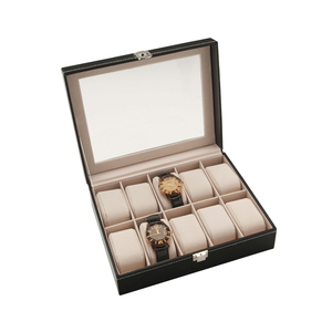 Custom Display Window Large Capacity 10 Slots Black Luxury PU Leather Gift Watch Box for Men's Watch Storage and Packaging Case