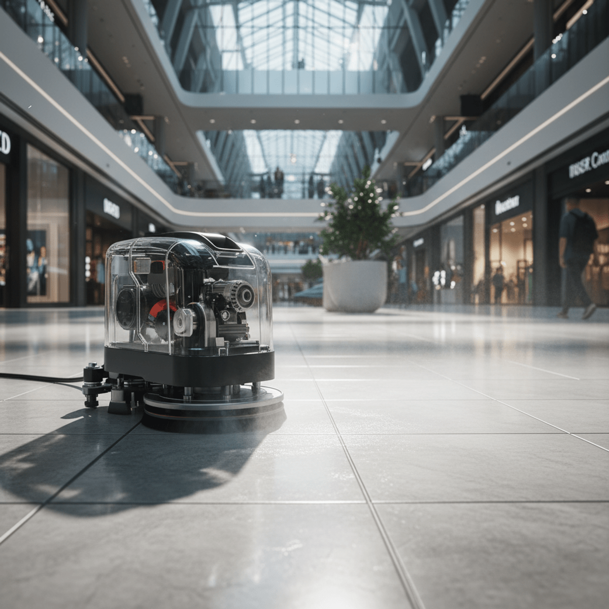 Powerful orbital scrubber cleans tile and grout with fine mist. Compact orbital scrubber spraying mist on polished ceramic tiles and deep grout.