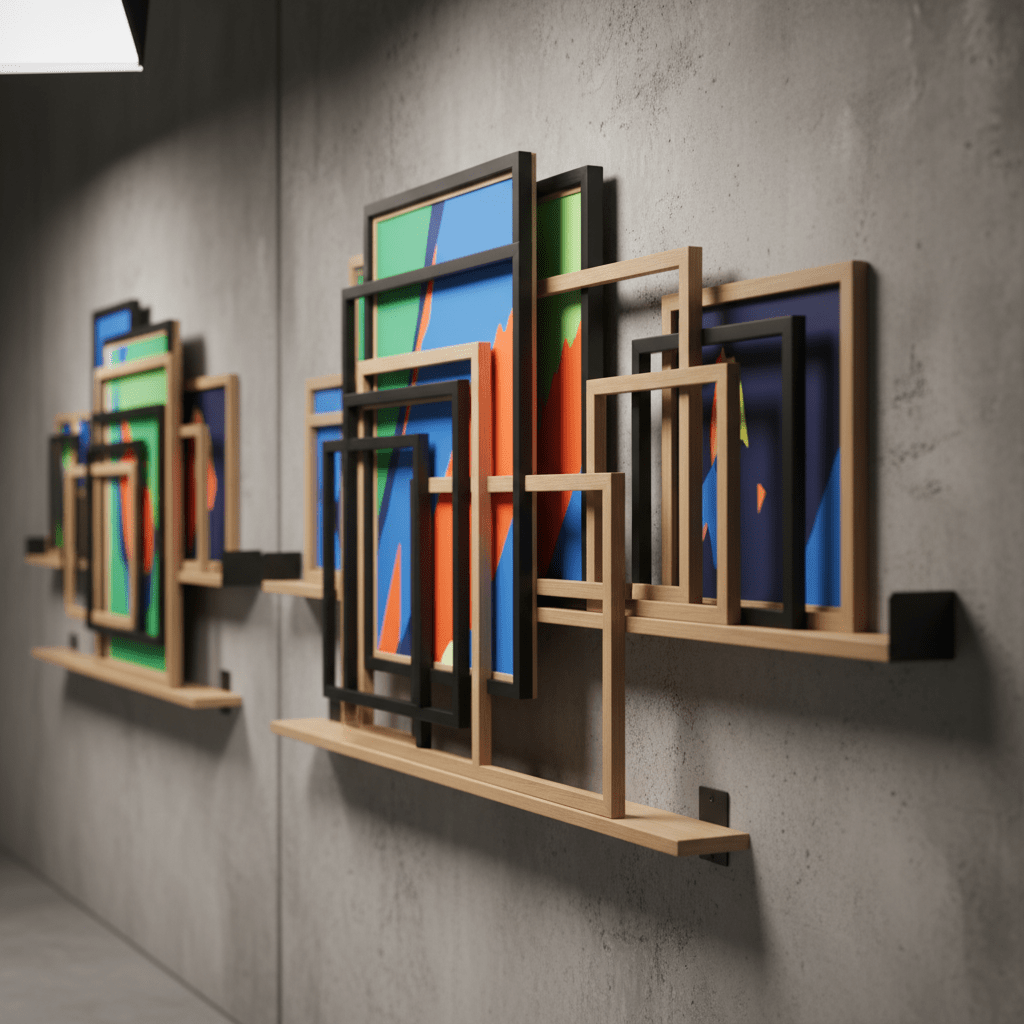 Minimalist studio hallway with floating shelves displaying diverse poster frames.