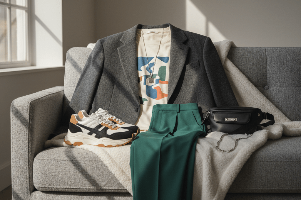 Designer blazer and graphic tee paired with tailored pants and sneakers under natural light, showcasing versatile styling