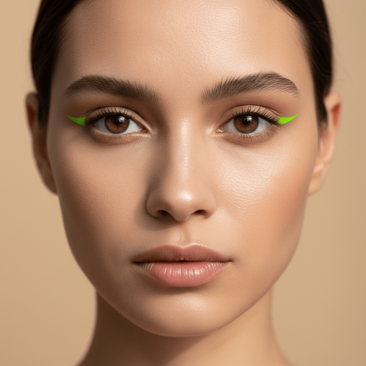 Model with neon green eyeliner accent in inner eye corners, futuristic look.
