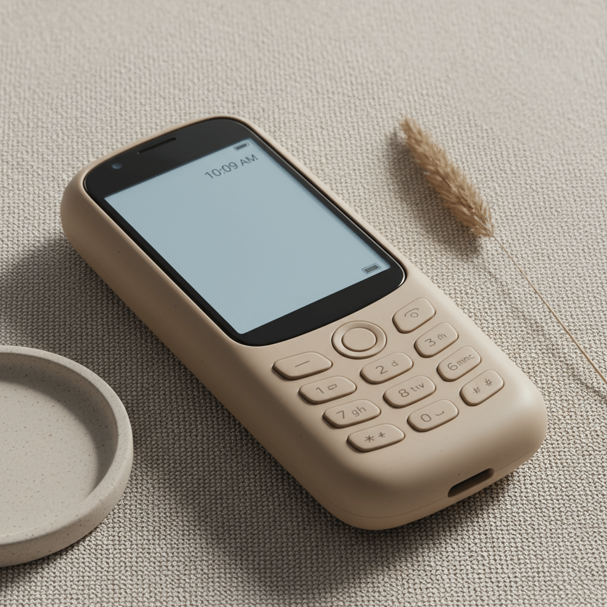 Modern e-ink phone on textured linen, featuring a glowing monochromatic display.