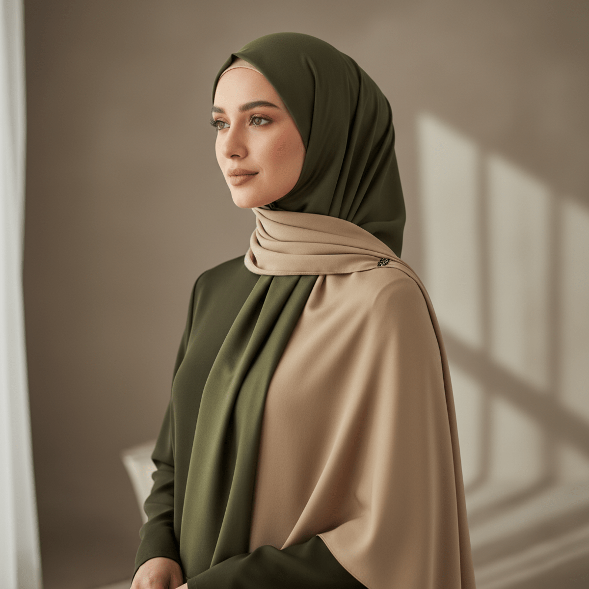 Soft modal hijab in earthy neutral tones, elegantly draped. Woman in soft modal hijab styled simply in earthy olive and sand tones.