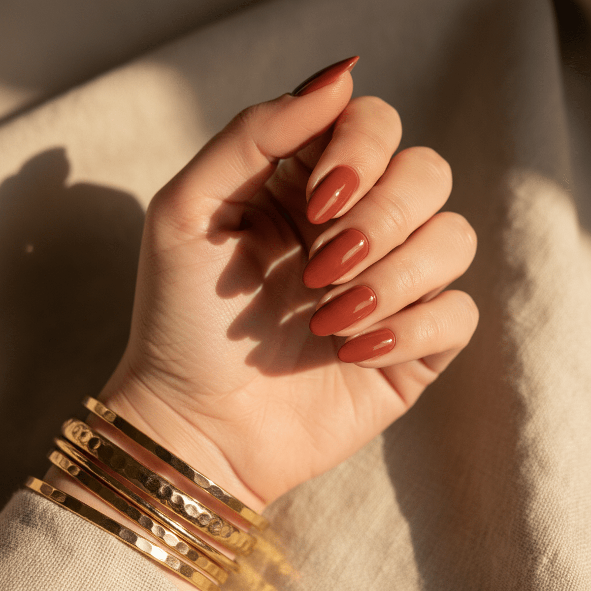 Summer nails feature sun-baked terracotta with a glossy glazed pottery finish.