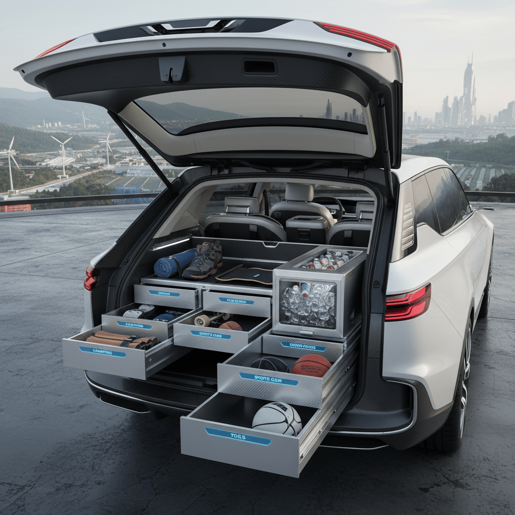 Futuristic SUV trunk with modular system and organized compartments for gear.